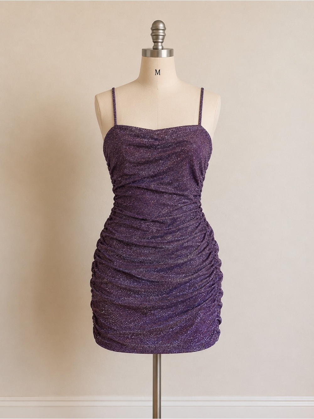 Forever 21 Sparkle Purple Ruched Mini Dress with Spaghetti Straps